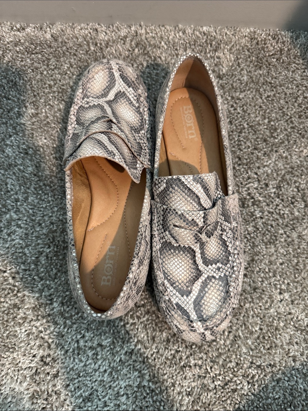 Born Snake-Print Loafers in Gray and Cream